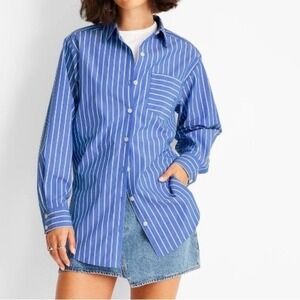 🔖 FUTURE COLLECTIVE Kahlana Barfield Brown Shirt Size XS Blue White Stripe Rare